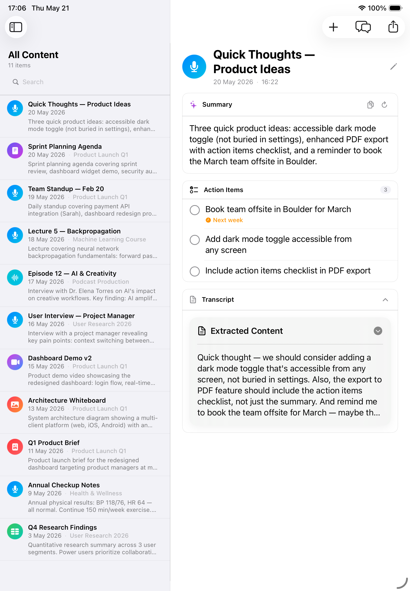 Lyonesse iPad Inhaltsliste und Notizdetail in der Split-Ansicht