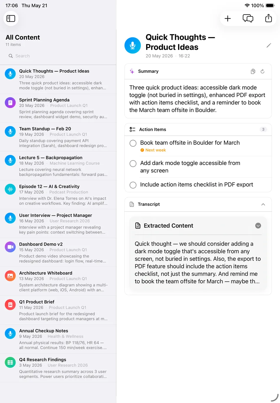 Lyonesse iPad content list and note detail in split view