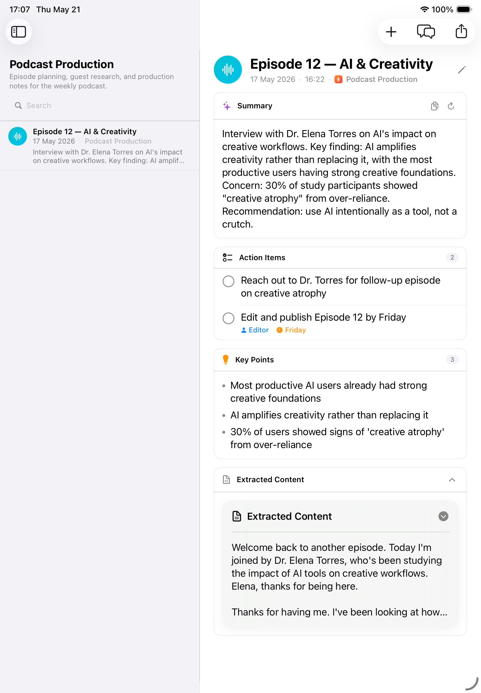 Lyonesse auf dem iPad mit einem Projektdetail mit Podcast-Folgen-Zusammenfassung, Aufgaben und Kernpunkten