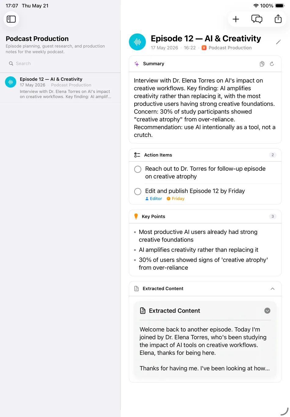 Lyonesse on iPad showing a project detail with a podcast episode summary, action items, and key points