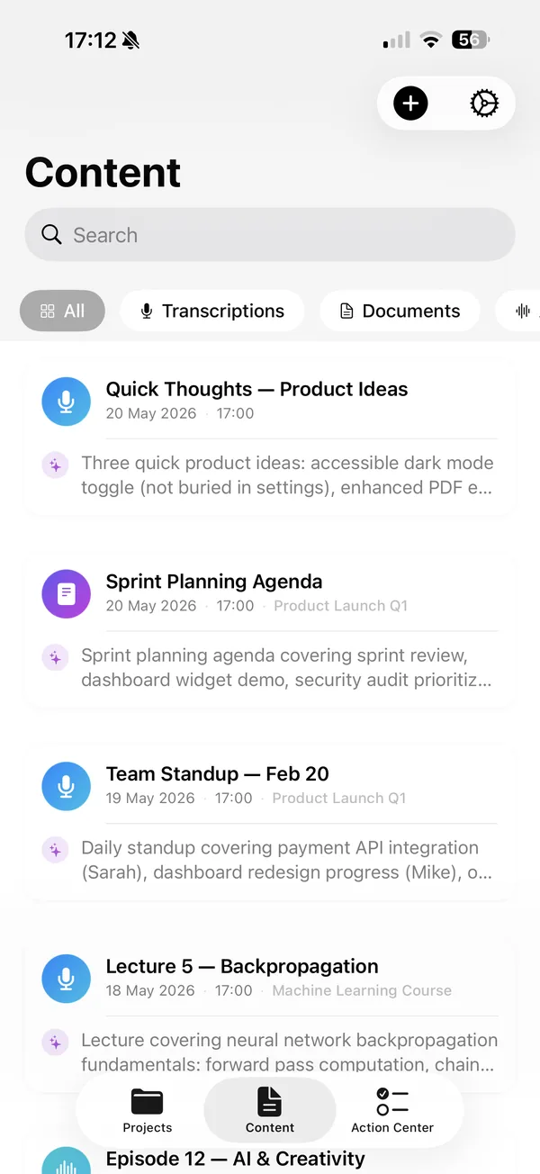 Lyonesse on iPhone showing the Content list of transcriptions and documents