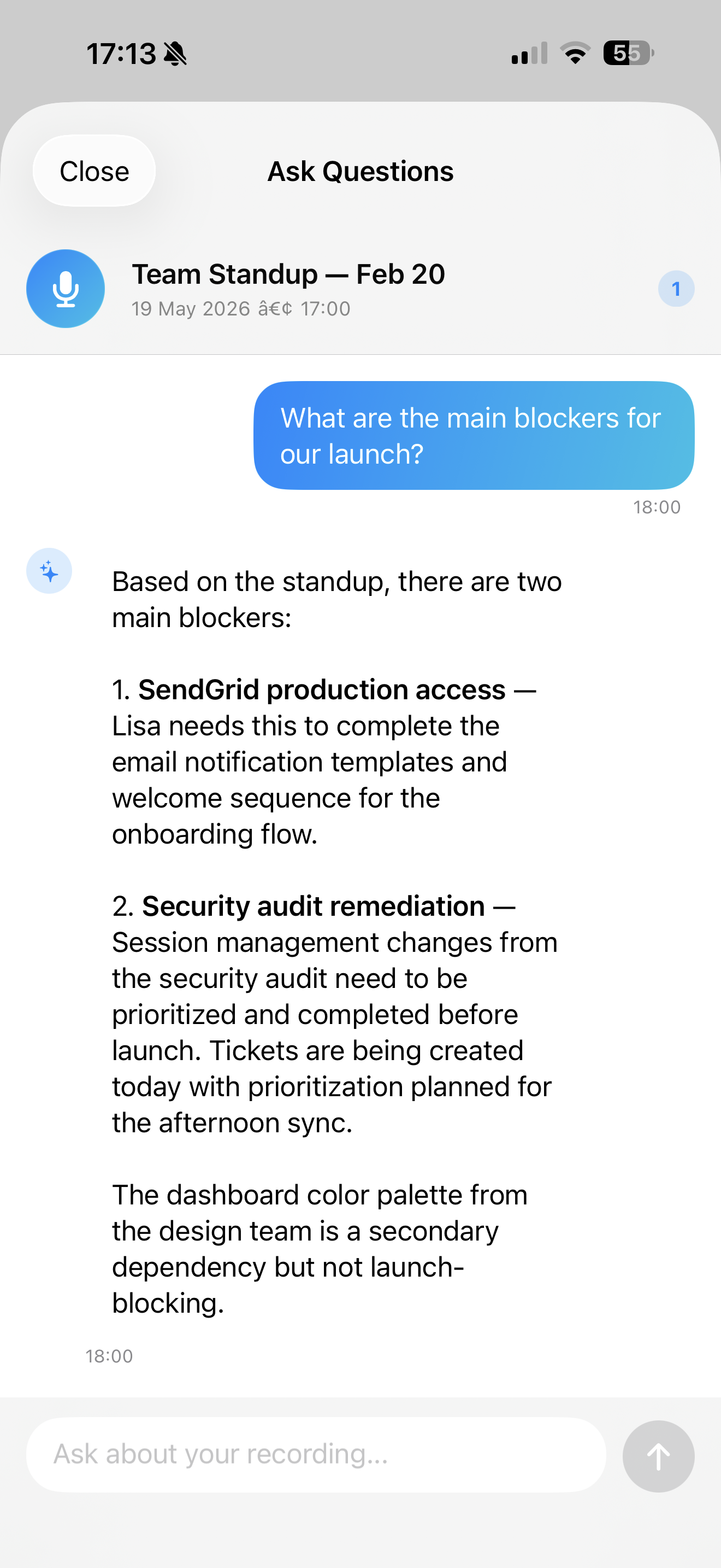 Lyonesse auf dem iPhone mit dem Frage-Chat, der beantwortet, was die größten Hürden für den Launch sind