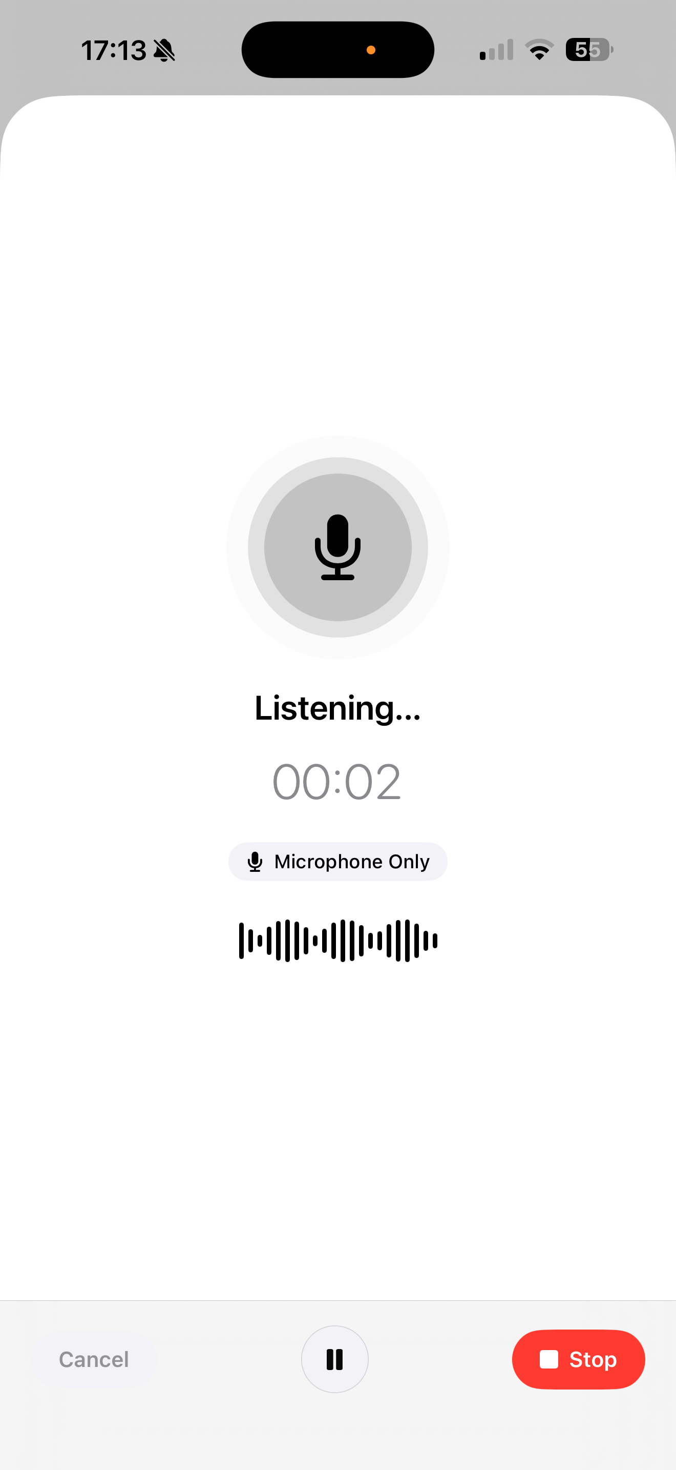 Lyonesse auf dem iPhone mit dem Aufnahmebildschirm samt Live-Audiowellenform und rotem Stopp-Button