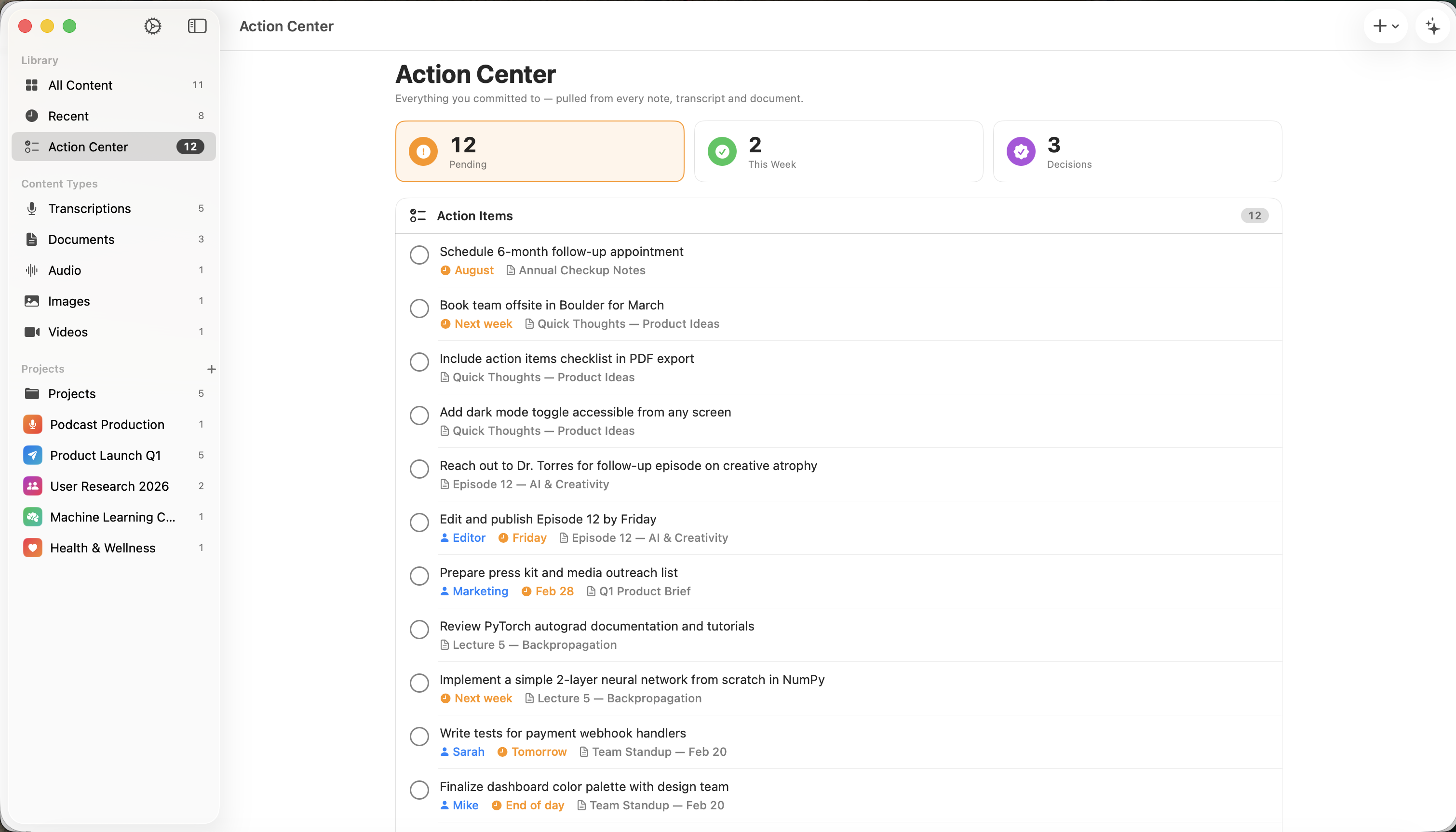 Lyonesse auf dem Mac mit dem Action Center samt offenen Aufgaben, Verantwortlichen und Fälligkeitsdaten aus allen Notizen