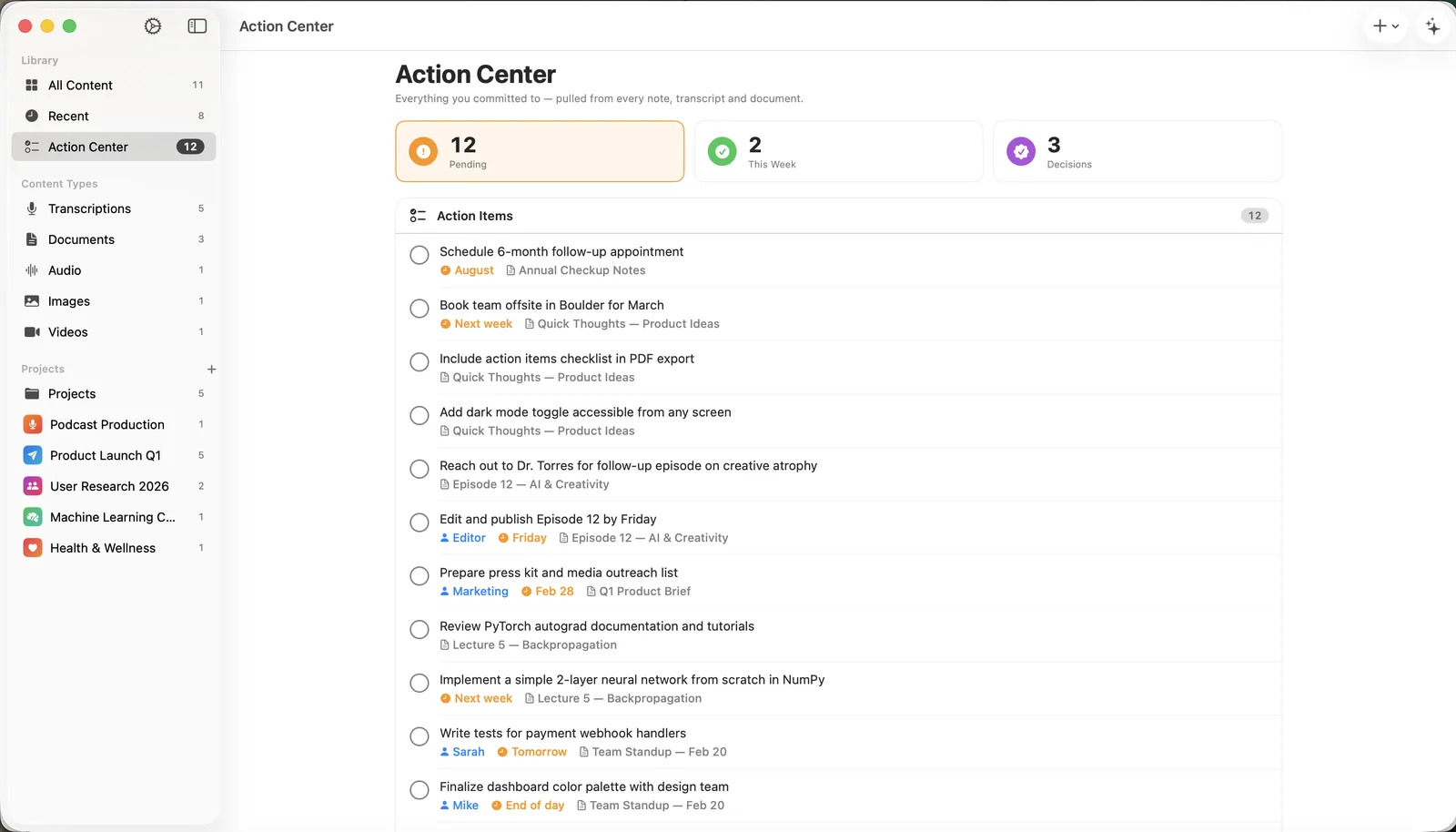 Lyonesse on Mac showing the Action Center with pending tasks, owners, and due dates pulled from across all notes