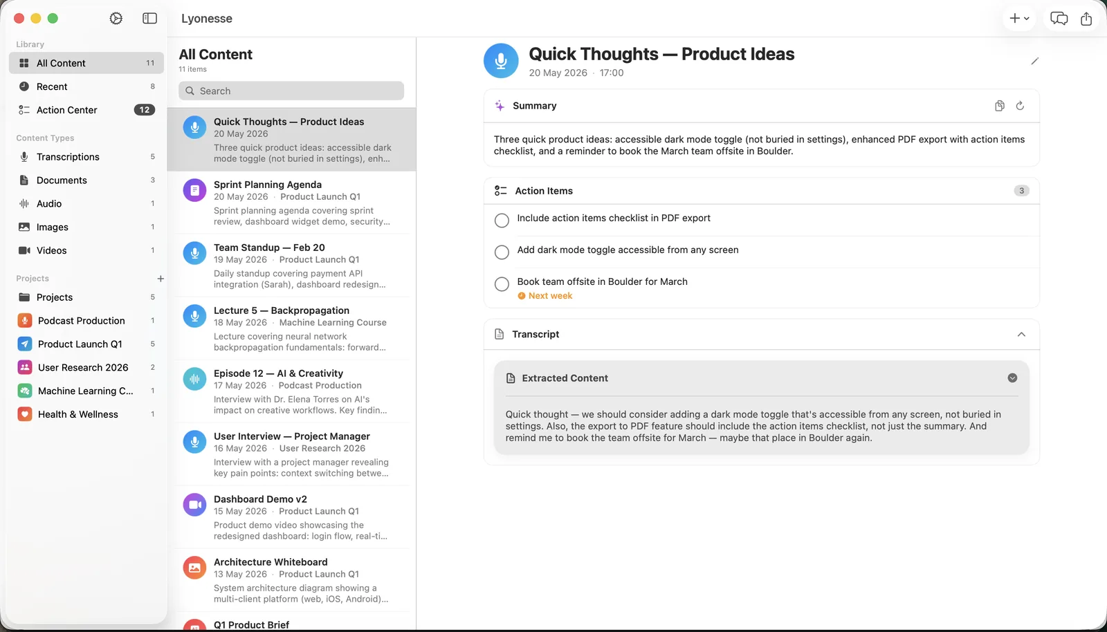 Lyonesse on Mac showing the three-column layout with the content list and a note detail with summary, action items, and transcript